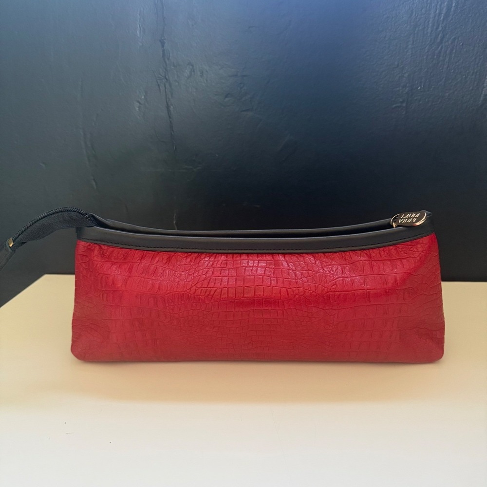 Laudi Vidni Volta Cosmetic Bag Womens Red Croc Embossed Leather Pouch Excellent - Picture 7 of 11